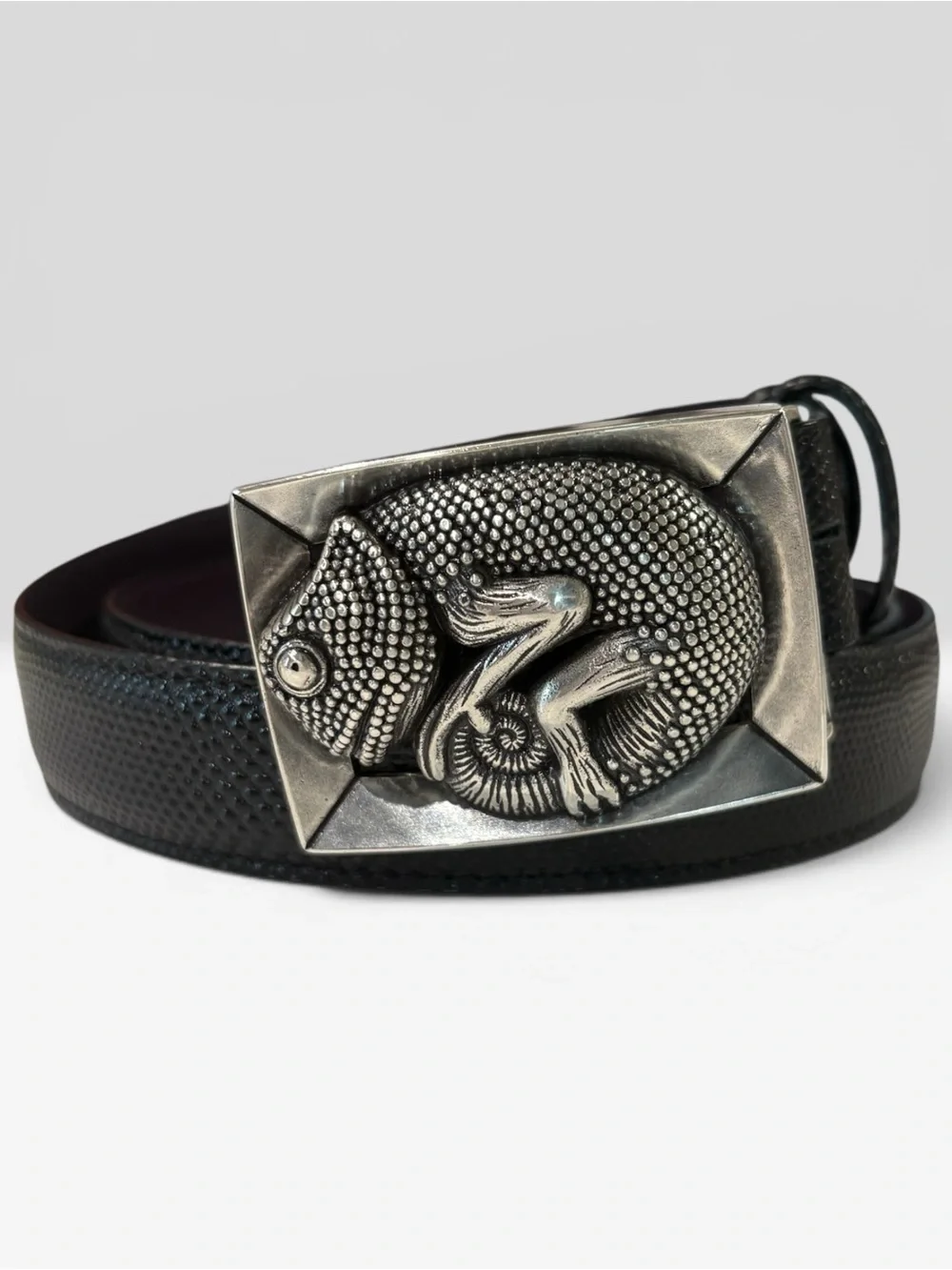 Rare Elliot Rhodes London Chameleon Buckle Glossy Carung Texture Espresso Belt